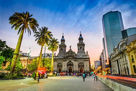 Santiago city landmark street view, featuring pedestrian activity in bustling town square, wall art from Santiago collection.