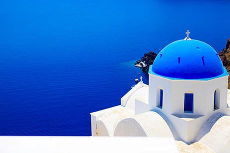 Santorini Collection Wall Art featuring Blue Dome, Ocean View, and Scenic Island Landscape