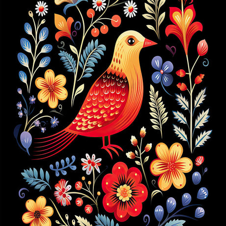 Scandinavian wall art featuring a red bird motif in a colorful abstract painting canvas print.