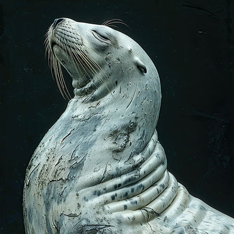 Sea lion wall art featuring a serene white sea lion in a graceful pose against a dark background, marine wildlife print for coastal and ocean-themed decor