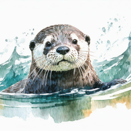 Sea otter wall art featuring a charming watercolor illustration of a sea otter swimming in ocean waves, coastal marine life print for nautical home decor