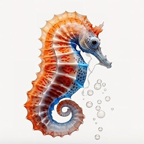 Seahorse wall art featuring a vibrant and detailed illustration of an orange and blue seahorse with bubbles, perfect for coastal and ocean-themed decor