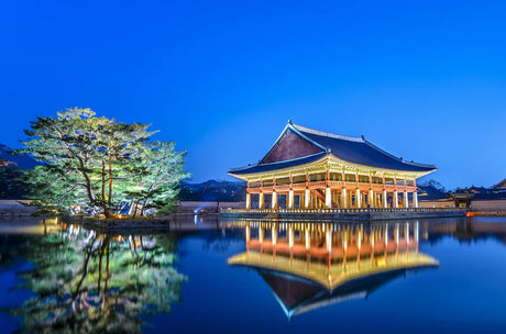 Blue water reflection of Chinese architecture in Seoul, nature wall art