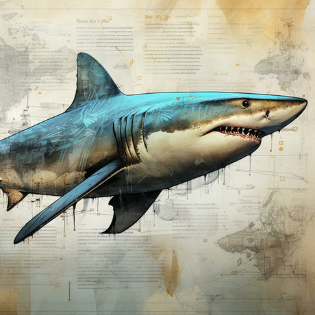 Shark wall art illustration featuring a realistic great white shark over vintage nautical chart background for ocean and marine-themed home decor