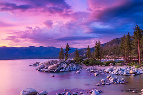 Dusk afterglow over Sierra Nevada mountains with blue water landscape wall art