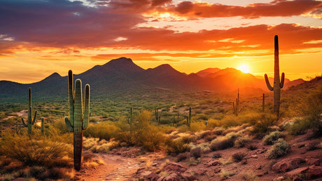 Sonoran Desert wall art featuring a stunning orange sunset, saguaro cactus, and clouds at dusk.