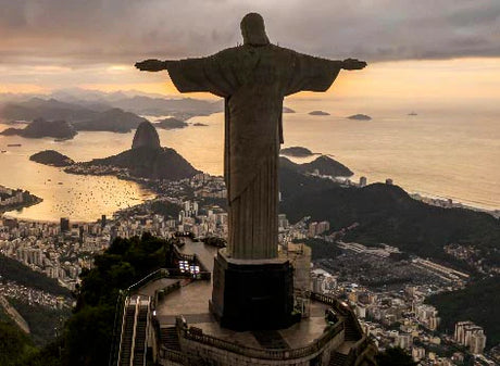 Dusk view of a historic South American monument, a world wonder sculpture and tourist attraction