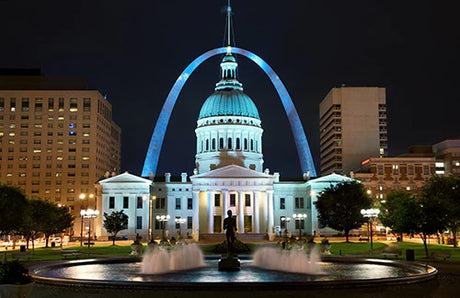 Night view of landmark dome and metropolitan facade in St. Louis city urban wall art