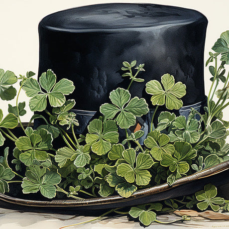 St. Patrick's Day wall art featuring black fedora, costume hat, and shamrock clover design.