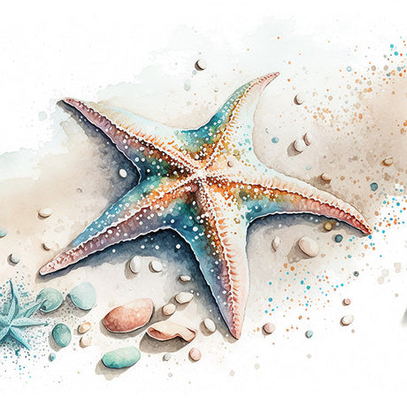 Starfish wall art print featuring colorful coastal illustration with shells and beach sand, perfect for nautical or ocean-themed decor