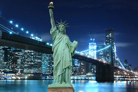 Night view of Statue of Liberty, skyscrapers, and bridge in the metropolitan area