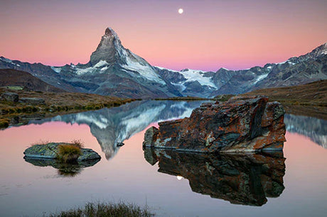 Stunning Swiss Alps wall art featuring mountain range, glacial landforms, and highland reflections
