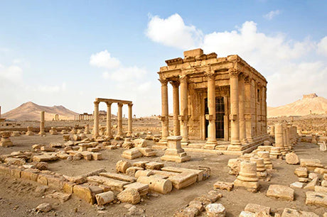Ancient Roman ruins and column architecture in Syrian World Heritage site landscape