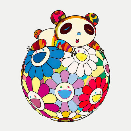 Vibrant Takashi Murakami wall art featuring cartoon-style illustration and graphic design