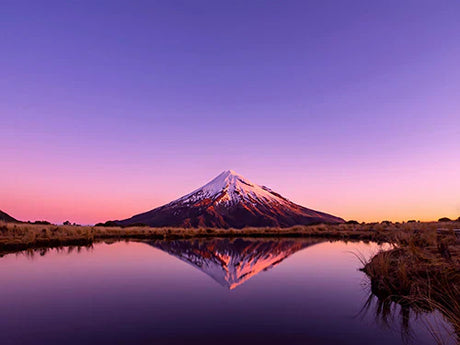 Dusk over Taranaki mountain range reflected in tranquil water, wall art collection
