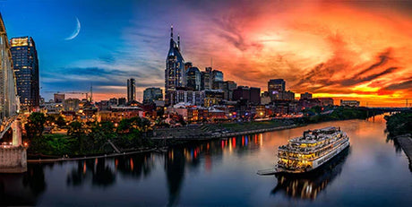 Dusk over Tennessee metropolitan area with skyscrapers, waterway, and cloudy horizon, Urban wall art