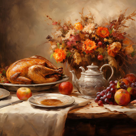 Traditional Thanksgiving wall art featuring roasted turkey, fall flowers, apples, grapes, and teapot on rustic table — Thanksgiving wall art collection for autumn decor.