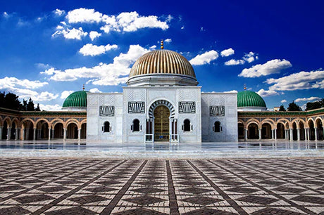 Byzantine architecture inspired Tunisian mosque with dome, a popular tourist attraction and holy place.