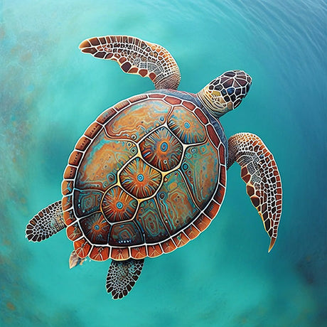 Sea turtle wall art featuring detailed aquatic illustration with colorful shell design swimming in turquoise ocean water for coastal home decor