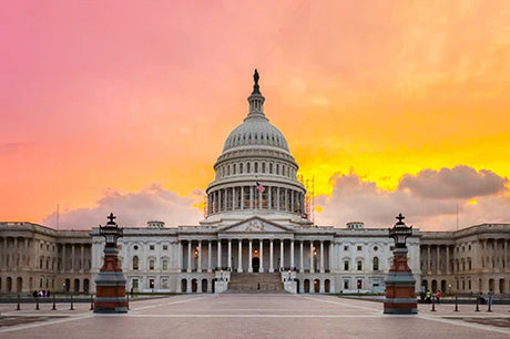 Dusk view of the US Capitol Building's dome, a classical architecture landmark in city setting