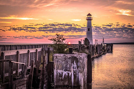 Sunrise wall art featuring a lighthouse beacon at dusk, Upper Peninsula collection