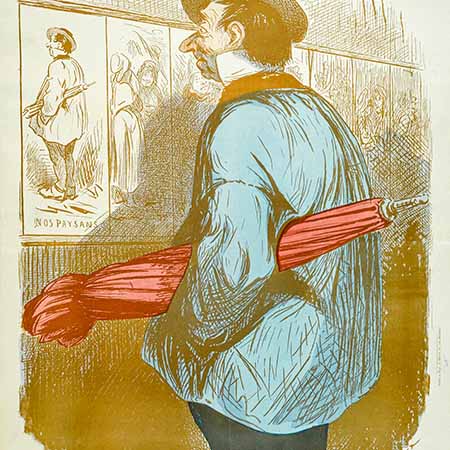 Vintage exhibition poster wall art of man with red umbrella admiring artwork, antique French illustration print for classic gallery-style decor