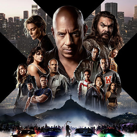 Vintage movie poster wall art featuring action film cast collage with city skyline backdrop, retro cinema print for home theater or media room decor
