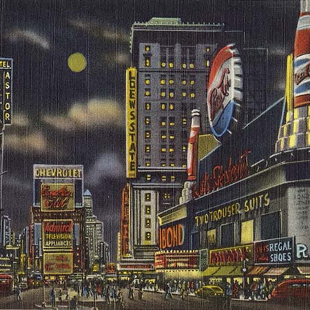 Vintage travel poster wall art of vibrant city nightlife with retro neon signs and classic cars, nostalgic illustration print for urban-themed decor