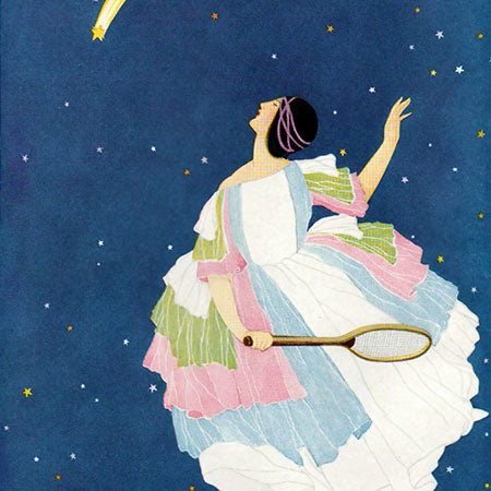 Vintage Vogue magazine wall art of elegant woman in pastel gown with tennis racket reaching for star, whimsical fashion print for classic decor