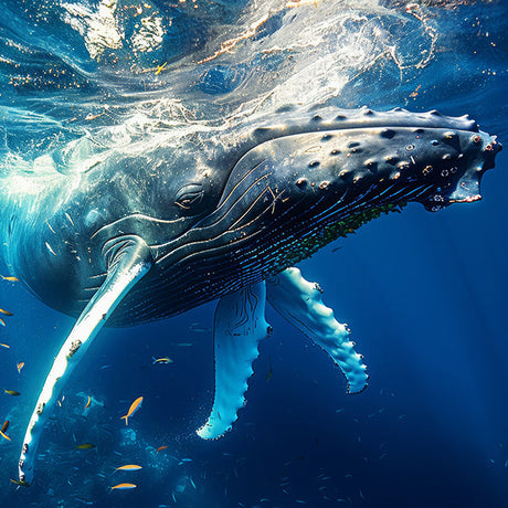 Whale wall art featuring a majestic humpback swimming underwater in vivid ocean blue, perfect for marine life and coastal-themed home decor