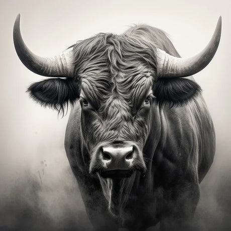 Wildlife photography wall art of powerful black bull in monochrome style, dramatic close-up for rustic and modern animal decor