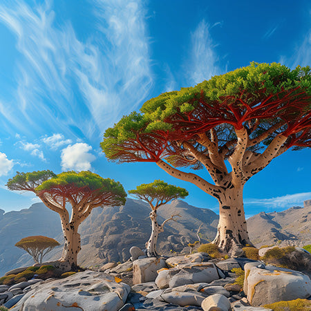 Dragon blood trees on Socotra Island, Yemen with rocky landscape and vivid blue sky – exotic nature wall art for adventurous home or office décor.