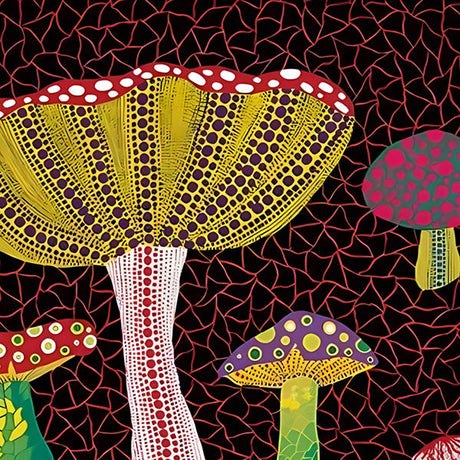 Modern art graphic design of Agaric mushrooms by Yayoi Kusama in creative arts style