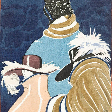 Art Deco wall art print of 1920s women in feathered hats, vintage fashion illustration in bold retro style.