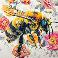 Bees wall art featuring vibrant illustration of honeybee surrounded by blooming roses, colorful nature-inspired print for garden or floral-themed decor