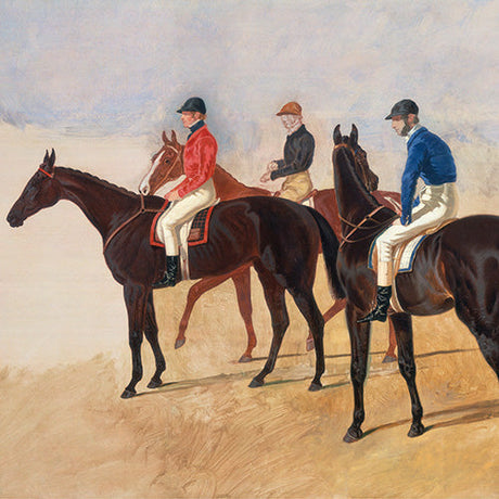 Classic wildlife wall art of horse riders in traditional hunting attire, vintage equestrian painting for rustic country home decor