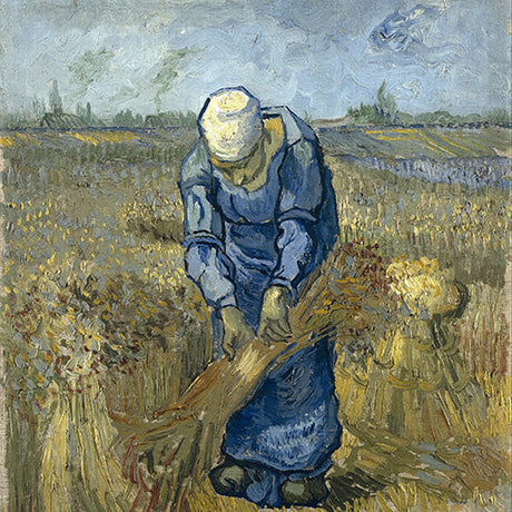 Classic landscape wall art featuring woman harvesting wheat in field, Van Gogh-style textured brushwork – rustic farmhouse decor print