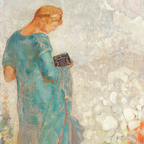 Classic figurative wall art of woman in teal robe holding a box, ethereal pastel background – vintage-style home decor print