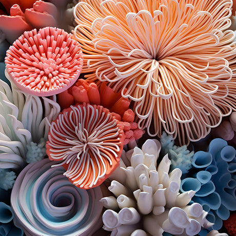 Coral wall art featuring vibrant 3D-style abstract coral formations in pastel and sunset tones, modern ocean-inspired artwork for coastal home decor