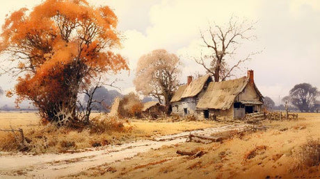 Watercolor painting of a thatched cottage in a rural winter village - wall art from Cottages collection