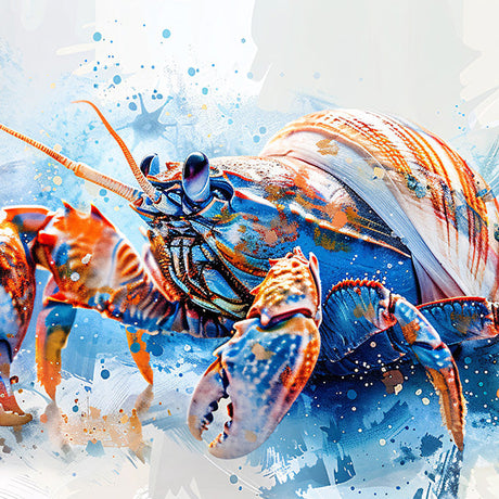 Crab wall art featuring colorful hermit crab illustration with abstract paint splatter effects, bold ocean-themed artwork for coastal and beach decor