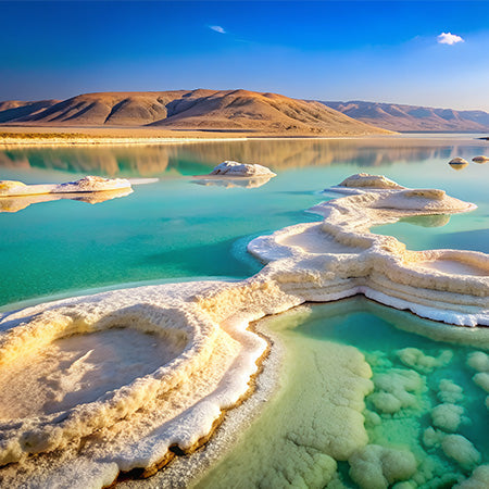 Salt formations and turquoise water of the Dead Sea under clear blue sky – unique nature-inspired wall art for tranquil home or spa décor.