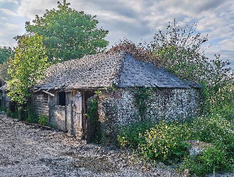 Rustic dereliction collection wall art featuring a rural village cottage, garden shed, and hut