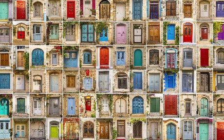 Vibrant red and yellow painted home door design in the 'Door' wall art collection