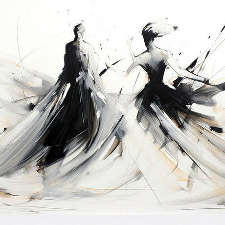 Figurative wall art depicting two abstract black-and-white dancers in motion, painted with expressive brushstrokes