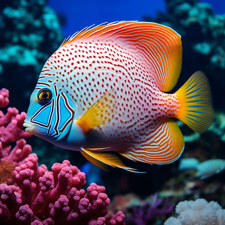 Fish wall art featuring a vibrant tropical reef fish with colorful patterns and coral background, underwater marine life print for coastal and ocean decor