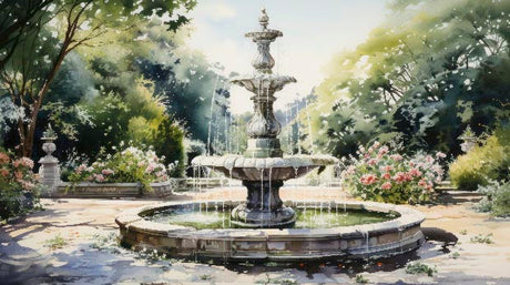 Watercolor painting of a fountain in a botanical garden, featured in the 'Fountain' wall art collection.