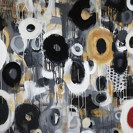 Geometric abstract wall art with layered circular forms in black, white, and gold tones on a bold textured canvas