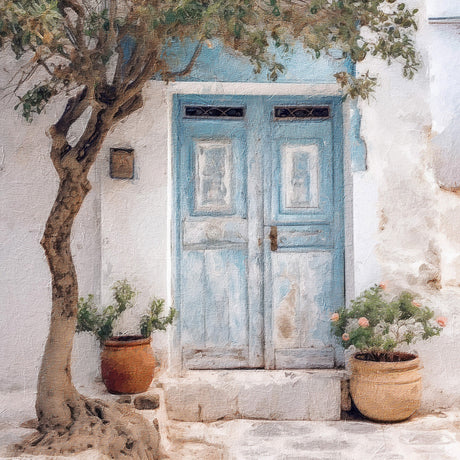 Blue Greek door wall art featuring a home door, flowerpot, houseplant, and concrete gate.