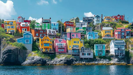 Blue coastal house wall art from 'Houses' collection depicting a scenic resort town on a bay island